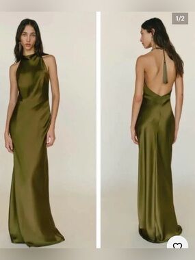 Reformation Bianca Olive Green Satin Backless Dress
